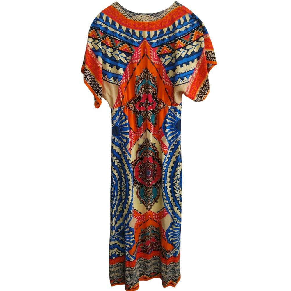 Bohemian Festival Maxidress Sz M Dopamine V neck tribal lightweight orange blue